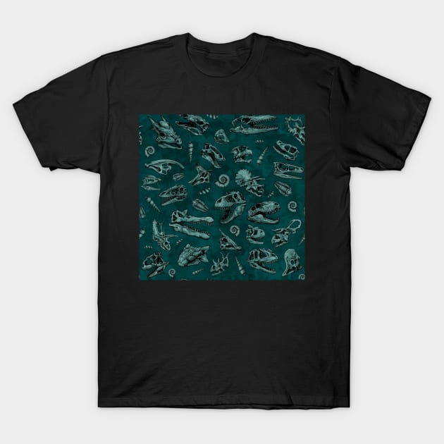 Dinosaur skull sketch tiled pattern green T-Shirt by CassWArt